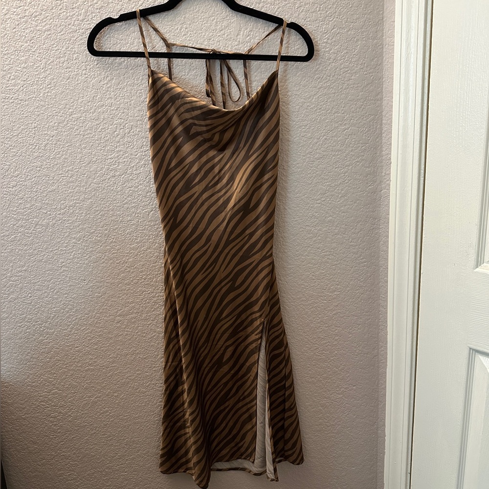 Brown and Gold Slip Zebra Print Midi Dress